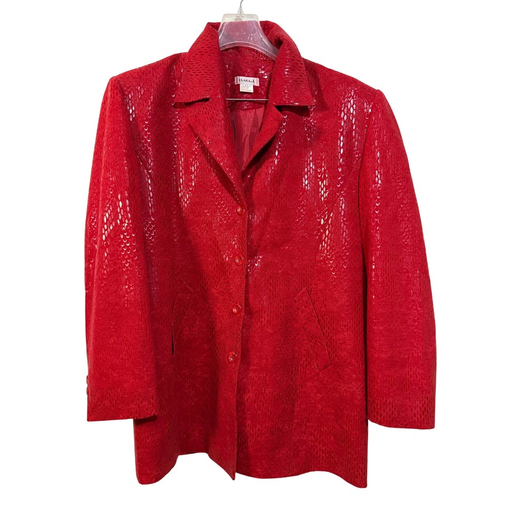 Clara S Blazer Women XL Red Embossed Snakeskin Print  Long Sleeve Jacket Korean